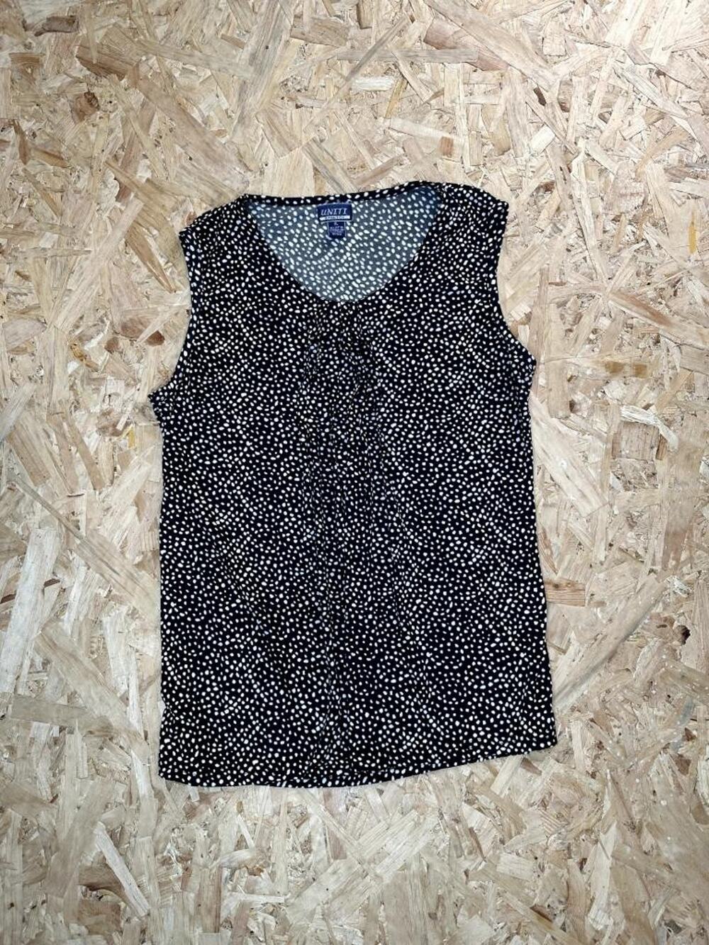 Uniti Stretch Tank Top Womens XL Black White Polka Dot Pleated Neck Sleeveless
